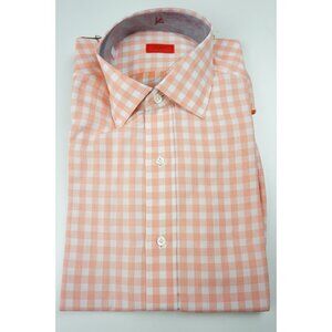 Isaia Napoli Orange White Plaid Woven Short Sleeve Cotton Shirt 15.5/39 NEW